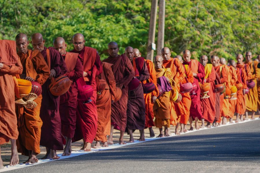 Procession de moines bouddhistes en robes safran